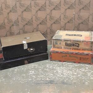 4 pc set of Vintage cigar boxes including Little Tom, Tom Moore, Yorkshire, etc.